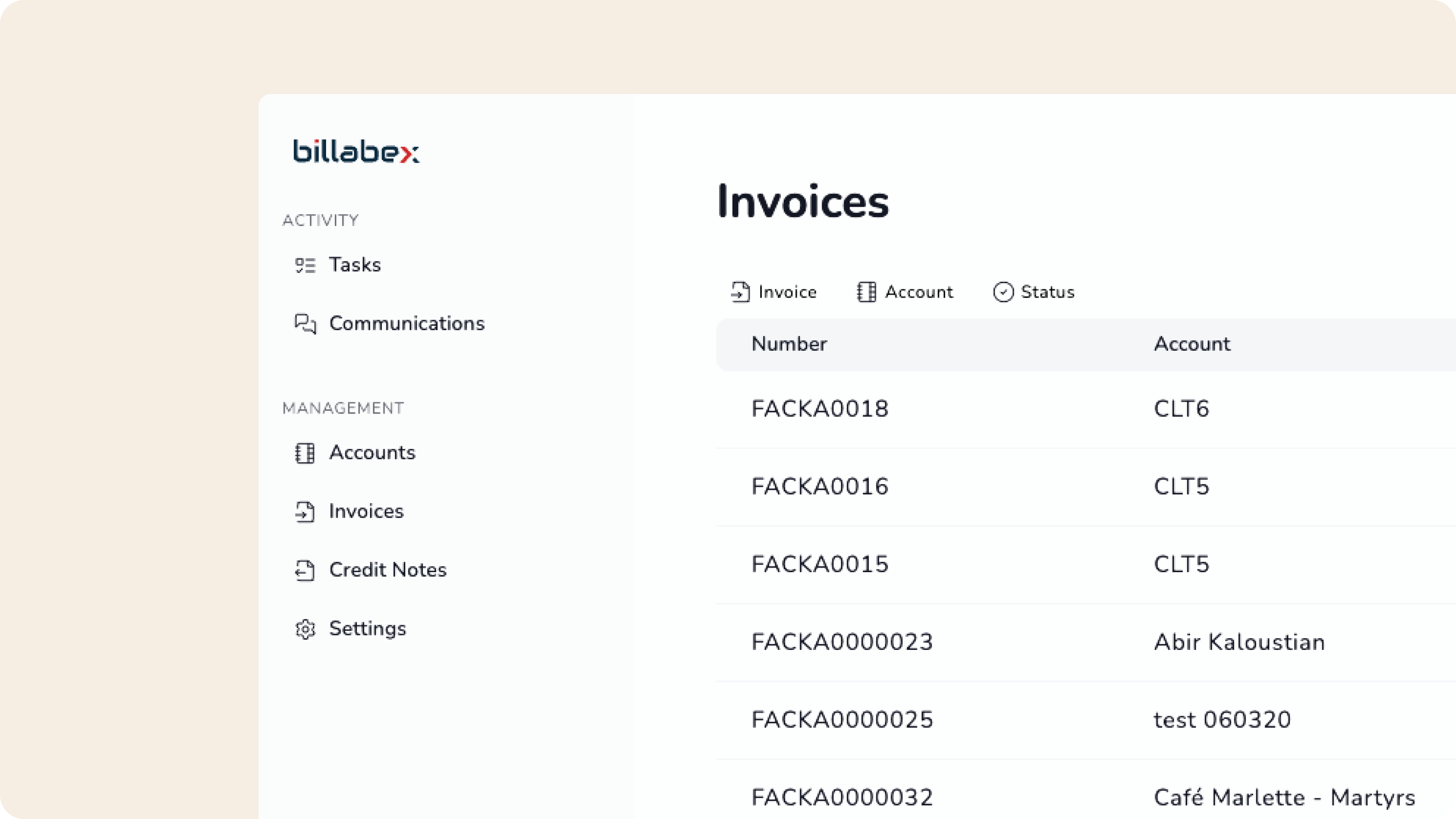 Billabex invoice management dashboard with invoice list, client accounts, and payment status. Includes sidebar navigation for tasks, communications, accounts, and credit notes.